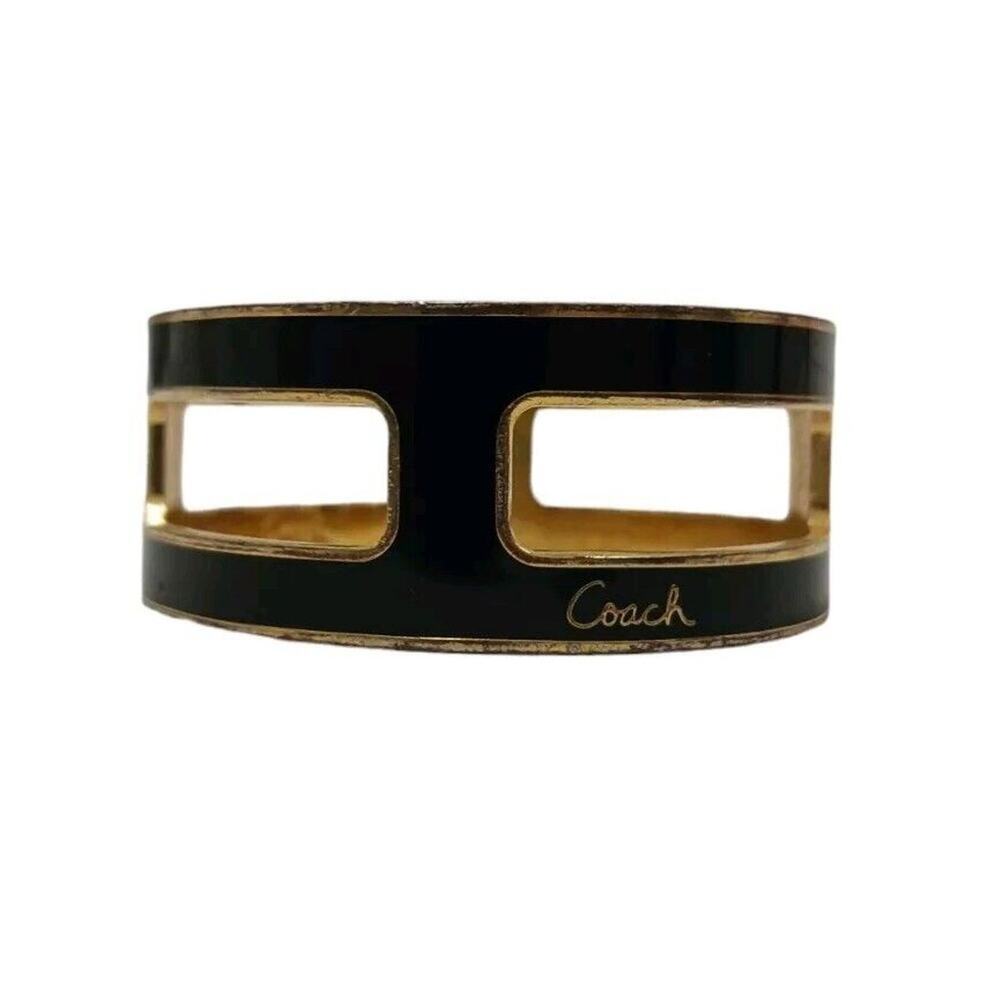 Y2K COACH Cuff Bracelet S/M BLACK GOLD Square Cut Out Modern Designer Rare VNTG‎